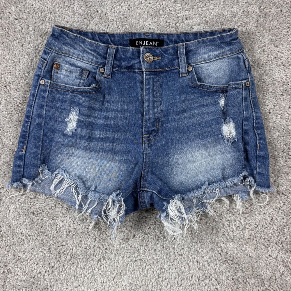 Enjean Denim Co Medium Wash Distressed Raw Hem Jean Shorts ESP3452 Womens Size S